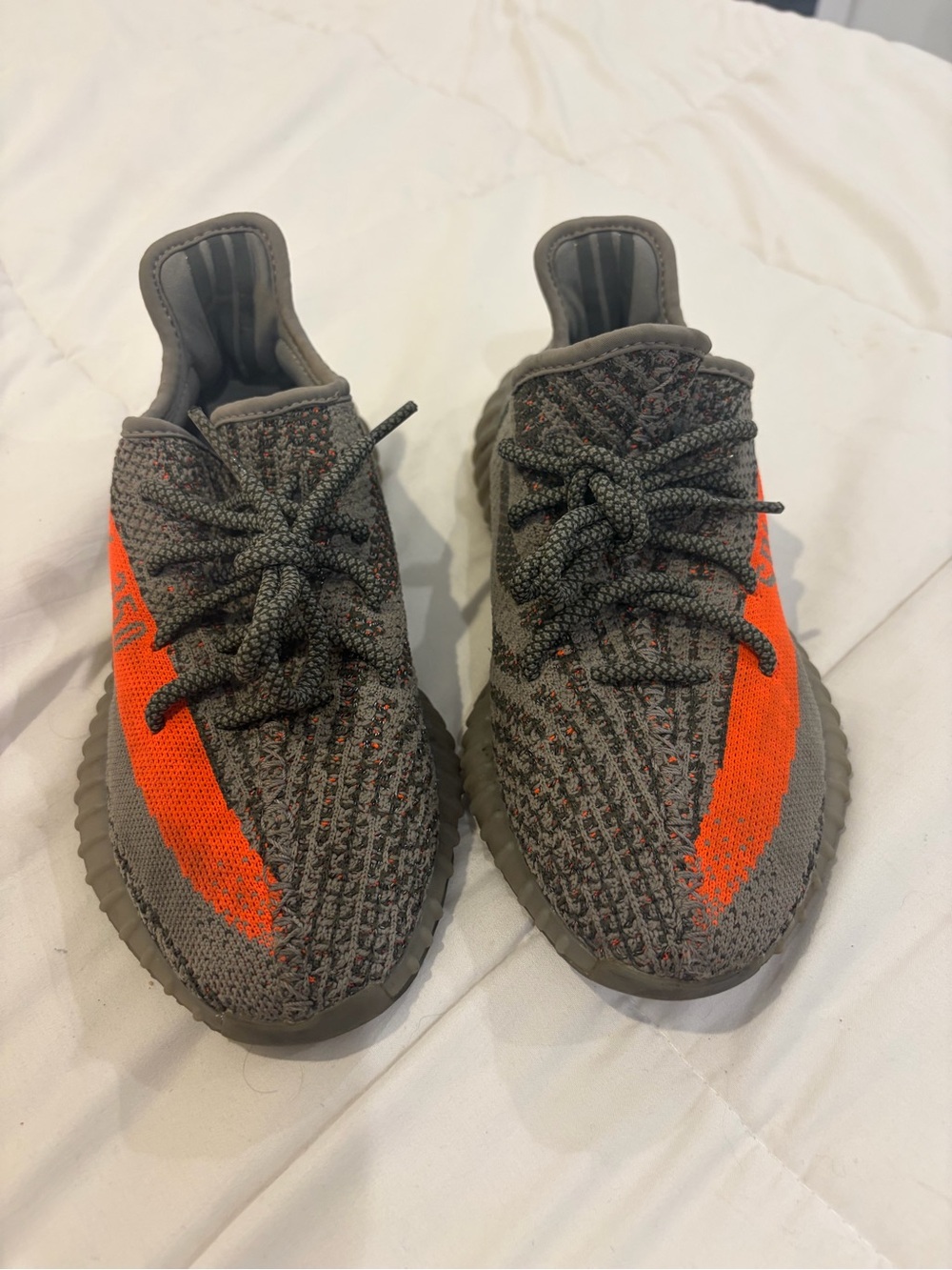 Yeezy Kids Gray Knit Sneakers with Bright Orange Stripe
